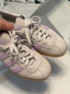 adidas Suede Sneakers in Gray with Lavender Stripes